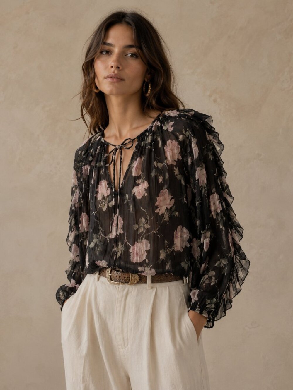 Ulla Johnson Azalea Blouse Noir Rose Silk Floral Sheer Ruffle Top Size 2 Boho